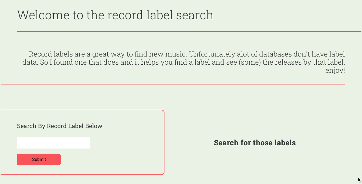 Picture of project of Record label search homepage